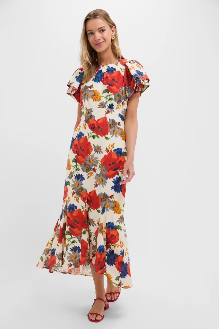 Tuckernuck Crimson Poppi Cotton Linen Elodie Dress Floral Ruffle Sleeve Midi 10